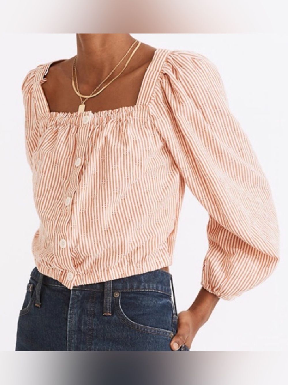 Madewell Peach-Striped Puff Sleeve Button-Front Blouse